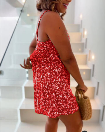 Ditsy Floral V Neck Sleeveless Ruched Cami Jumpsuit Casual Ajustable Back Straps Shirred Romper